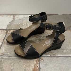 FLY London Black and Silver Leather Wedge Sandals Size 37 7